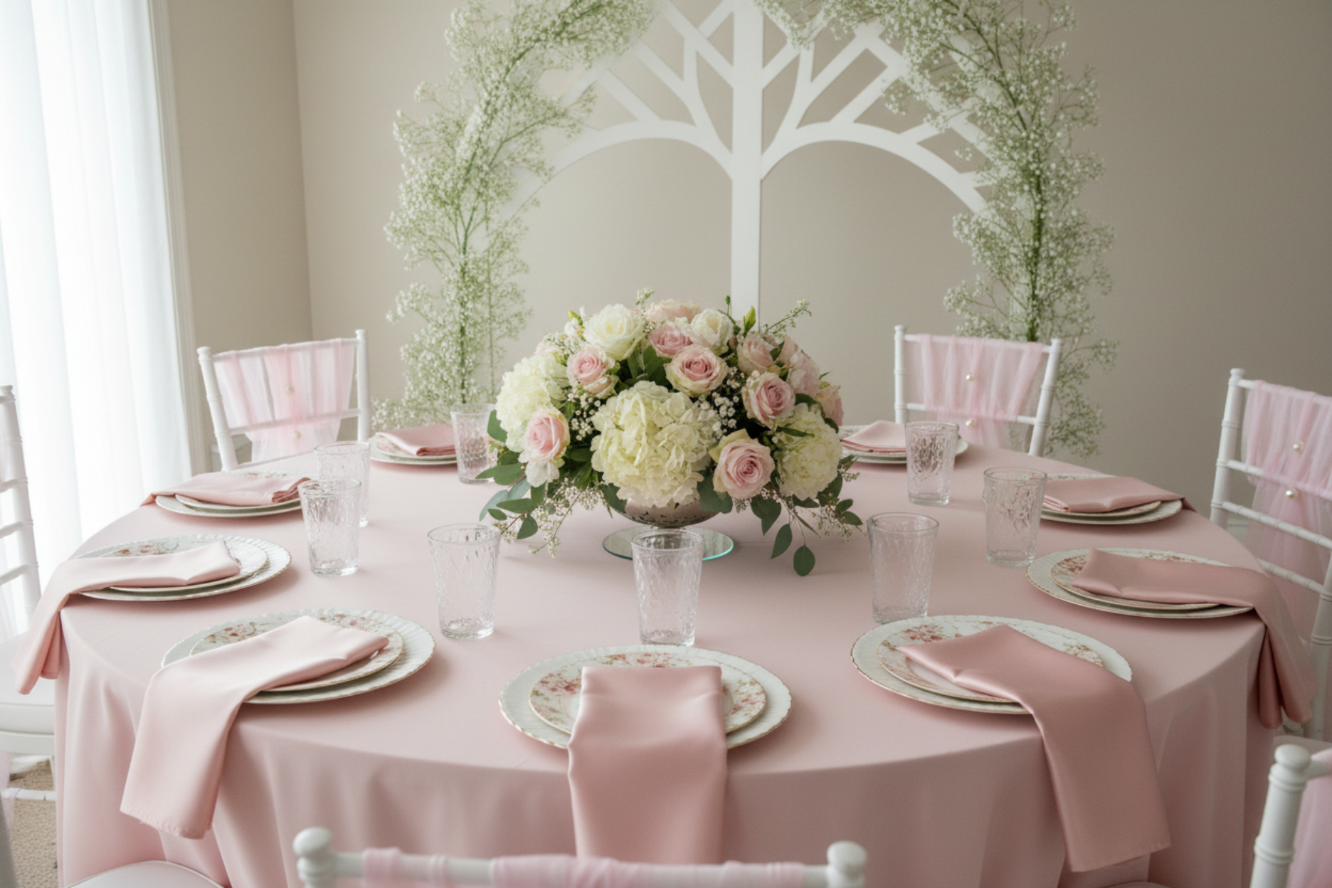 baby shower setup with Satin Napkin 20"x20" - Blush/Rose Gold