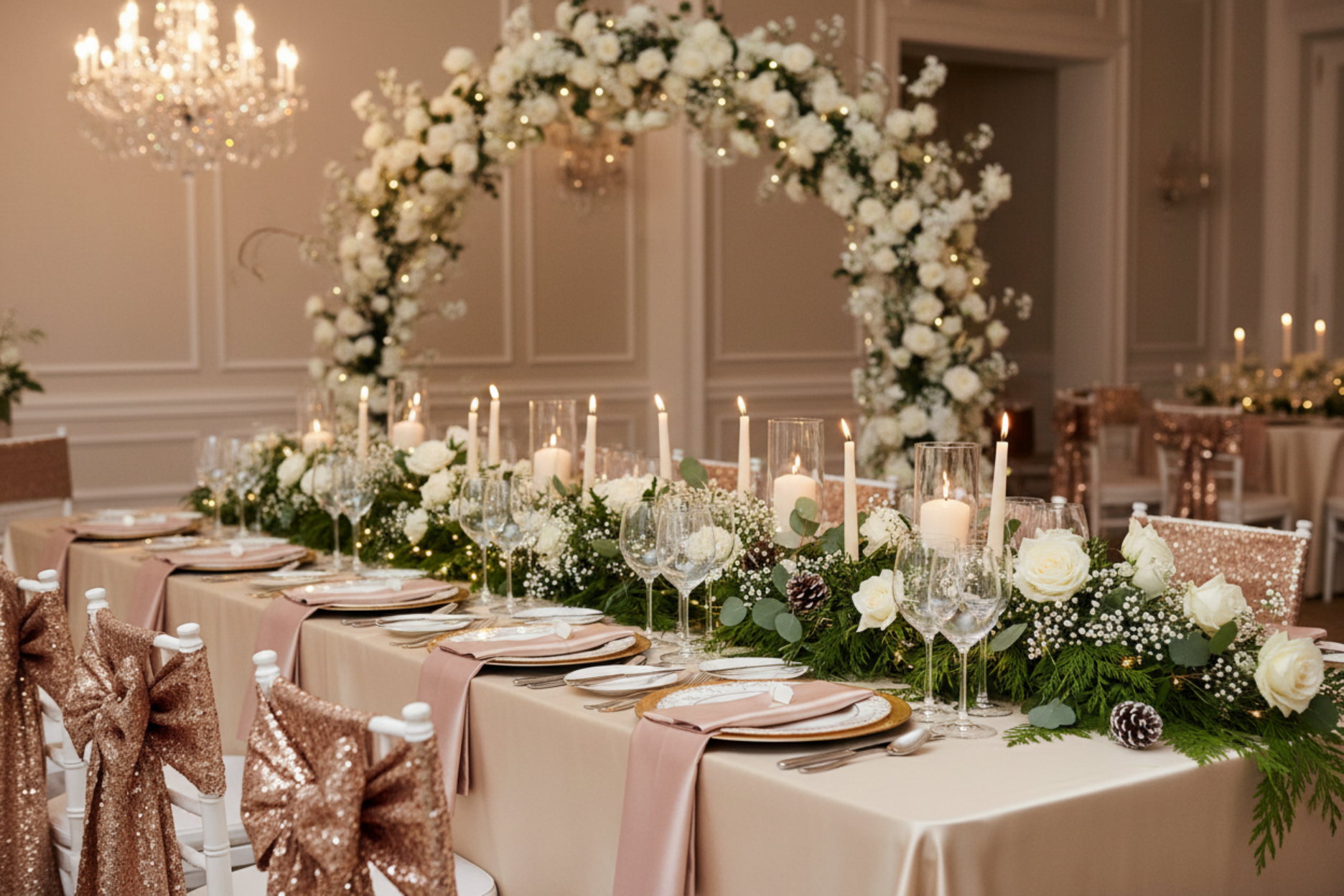 gala night setup with Satin Napkin 20"x20" - Blush/Rose Gold
