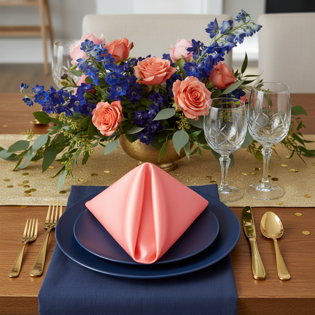 Satin Napkin 20"x20" - Coral | dinner plate | wine goblet | charger plate |