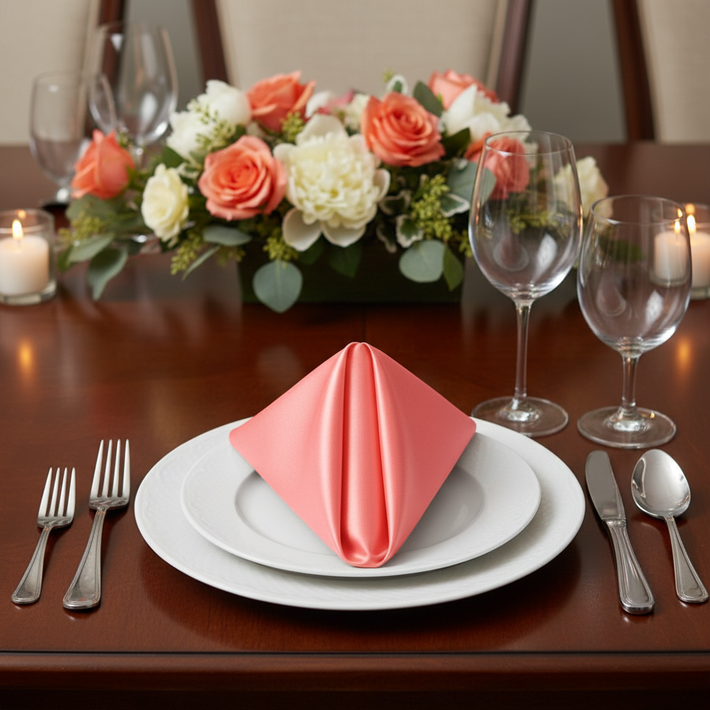 Satin Napkin 20"x20" - Coral | dinner plate | charger plate | wine goblet |