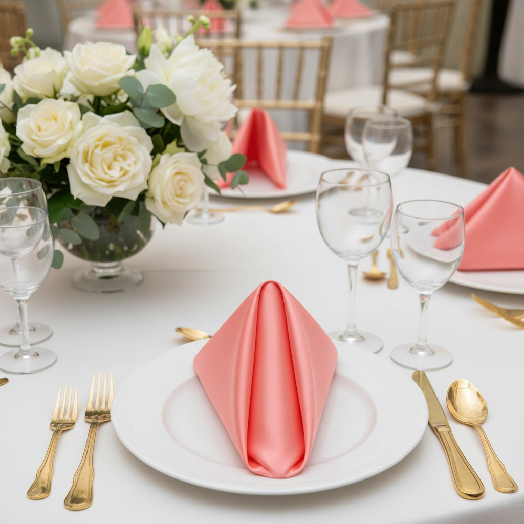 Satin Napkin 20"x20" - Coral | dinner plate | wine goblet |