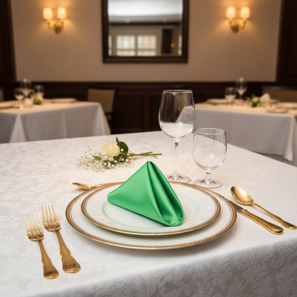 Satin Napkin 20"x20" - Kelly Green | wine goblets | dinner plate |