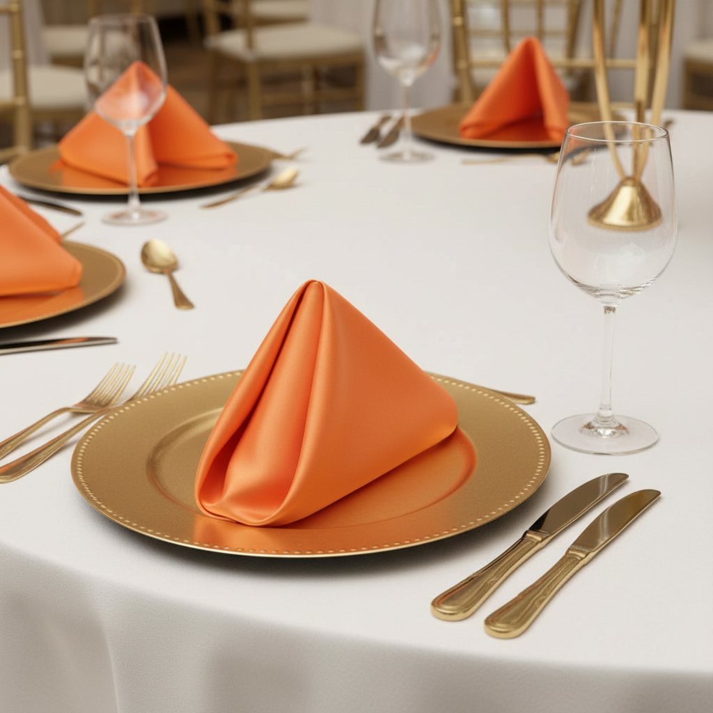 Satin Napkin 20"x20" - Orange bishops hat fold | gold charger plate 