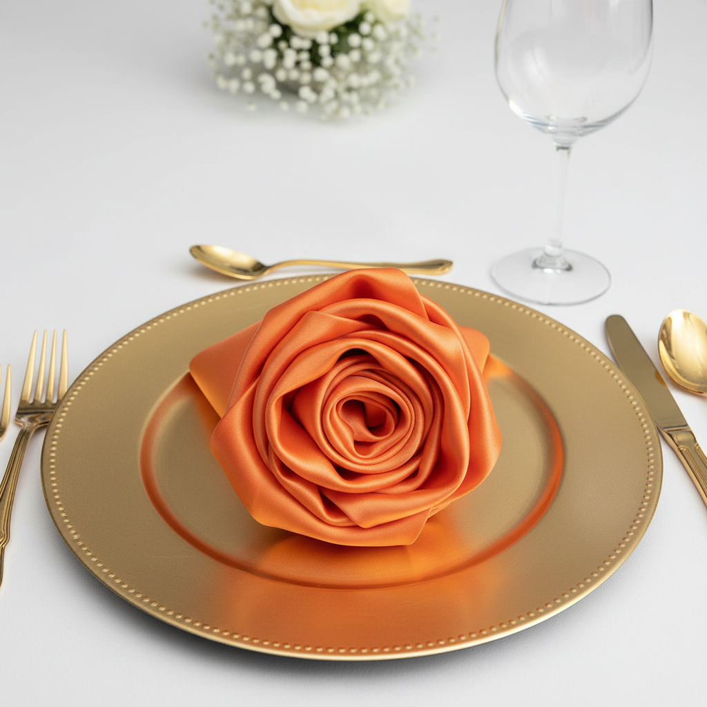 Satin Napkin 20"x20" - Orange on gold charger plate | rose fold