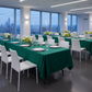 Satin Rectangular 60"x120" Tablecloth - Emerald Green corporate dinner with white square banquet chair