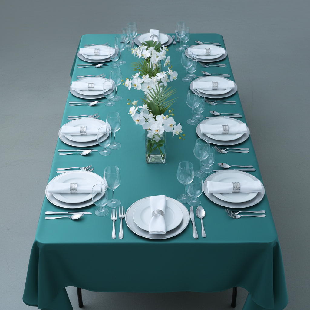 Satin Rectangular 60"x120" Tablecloth - Peacock for a modern table setup