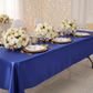 Satin Rectangular 60"x120" Tablecloth - Royal Blue | charger plate | napkin | wine goblets |