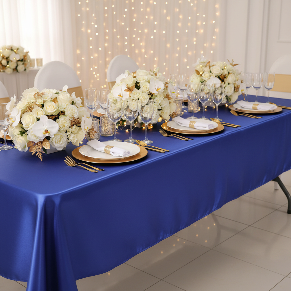 Satin Rectangular 60"x120" Tablecloth - Royal Blue | charger plate | napkin | wine goblets |