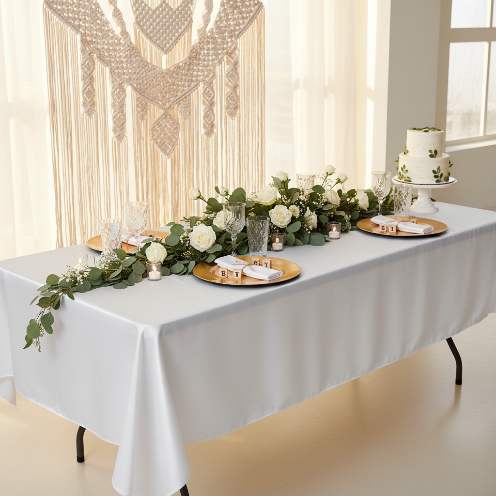 baby shower setup with Satin Rectangular 60"x120" Tablecloth - White