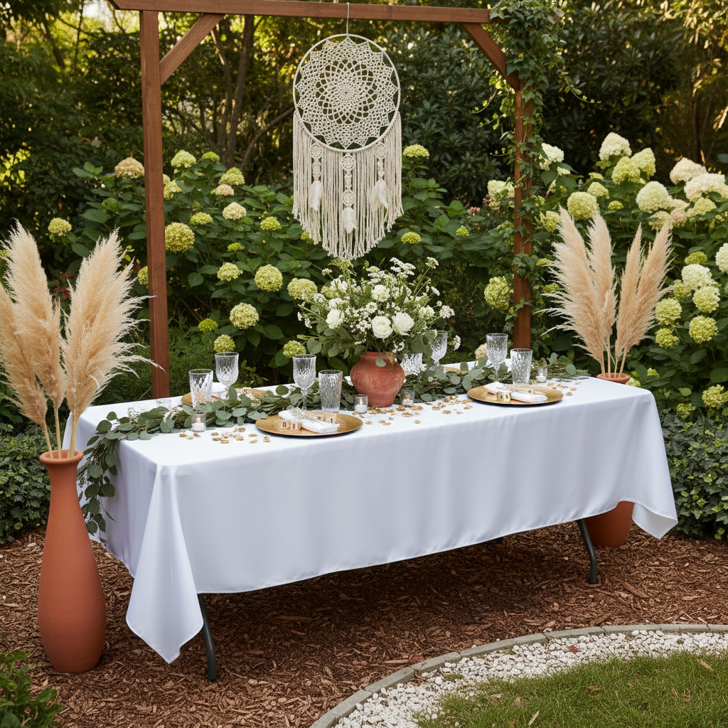outdoor boho garden baby shower with Satin Rectangular 60"x120" Tablecloth - White