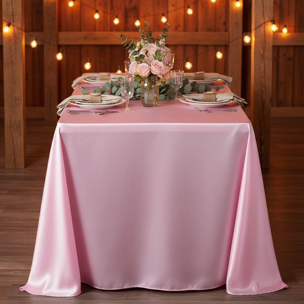 Satin Rectangular 90"x132" Tablecloth - Medium Pink | dinner plate | charger plate | napkin |