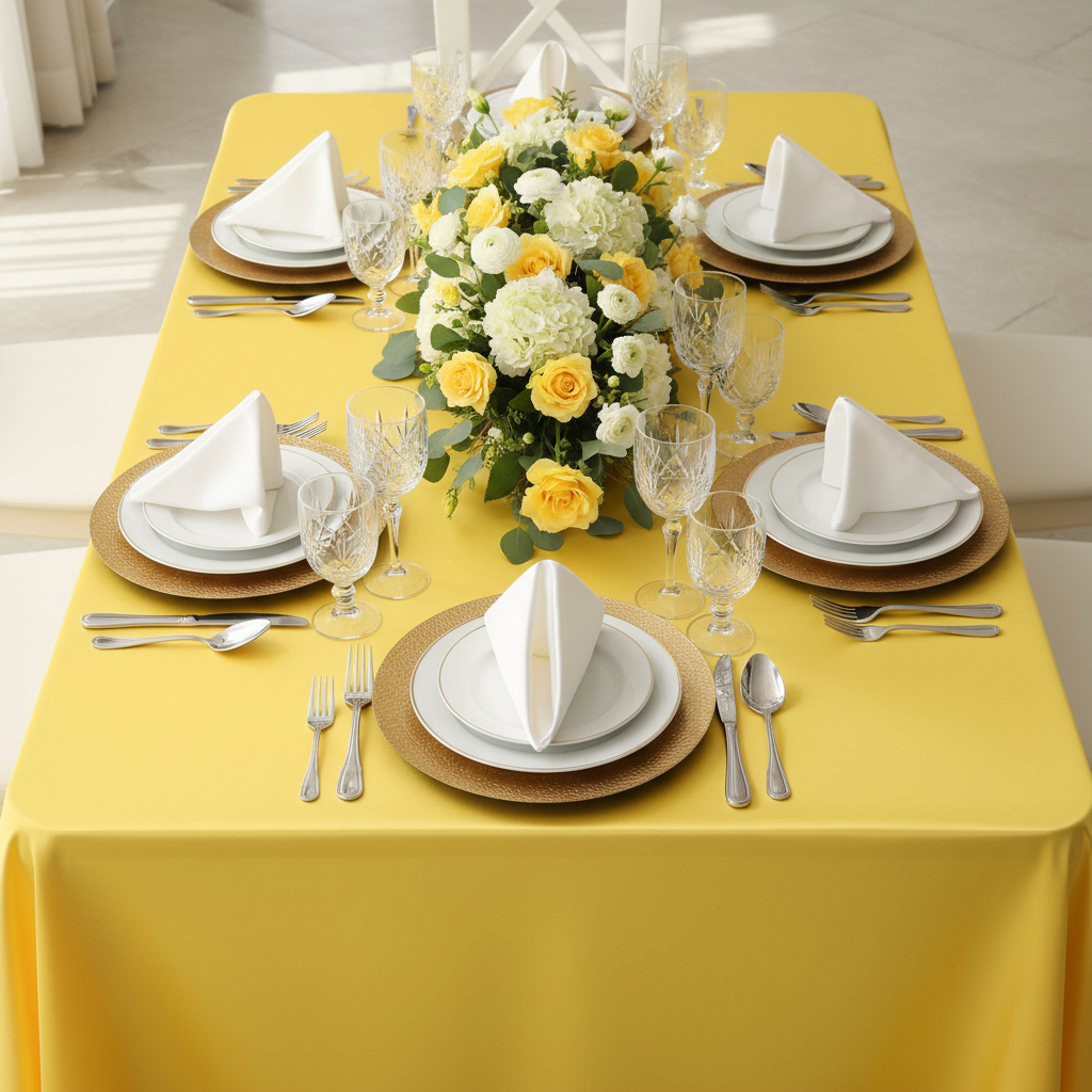 Satin Rectangular 90"x132" Tablecloth - Canary Yellow (Bright Yellow) with gold charger plate | white napkin | 