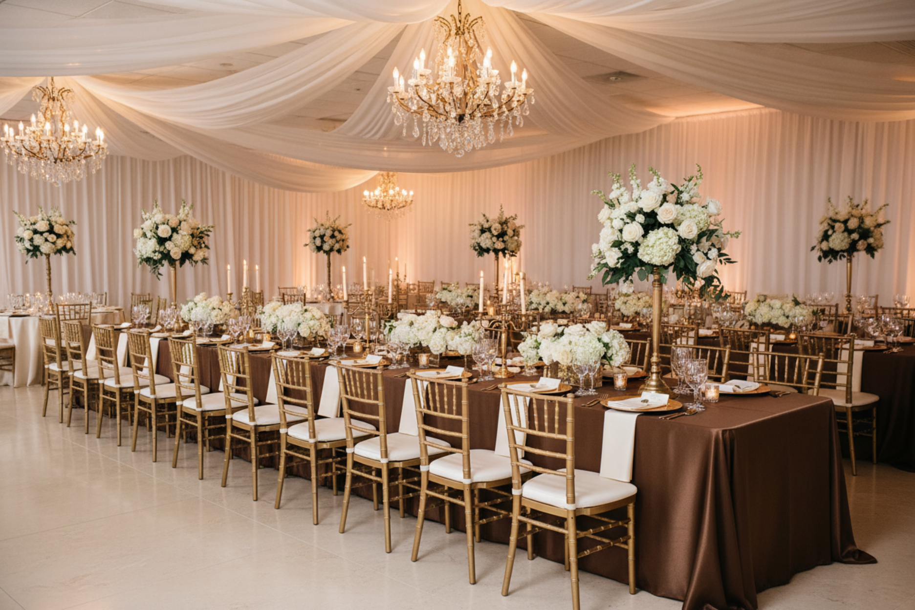 wedding reception with Satin Rectangular 90"x132" Tablecloth - Chocolate Brown