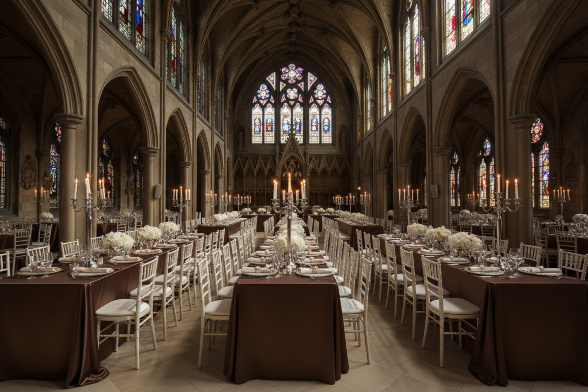cathedral hall banquet with Satin Rectangular 90"x132" Tablecloth - Chocolate Brown