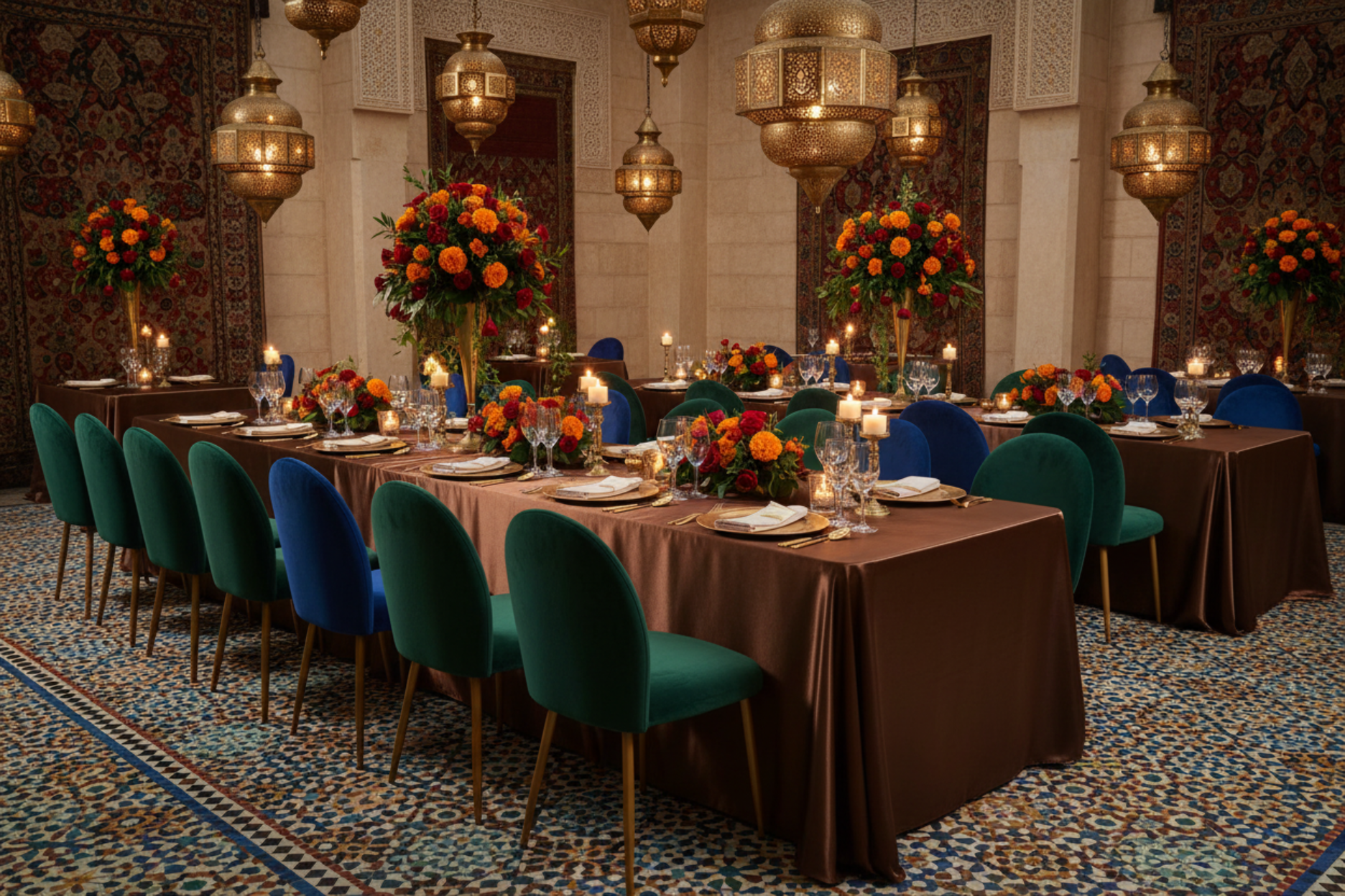 moroccan banquet setup with Satin Rectangular 90"x132" Tablecloth - Chocolate Brown