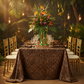 Satin Rectangular 90"x132" Tablecloth - Leopard Design with gold charger plate | chocolate brown npkin | wine goblets | gold chiavari chairs