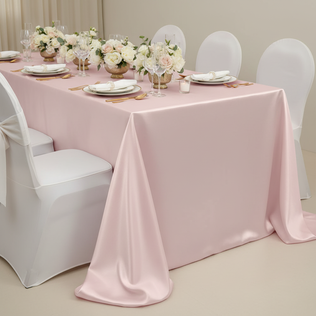 Satin Rectangular 90"x132" Tablecloth - Pastel Pink for baby shower reception with white spandex chair cover | blush chair sash tie | white charger and dinner plate 