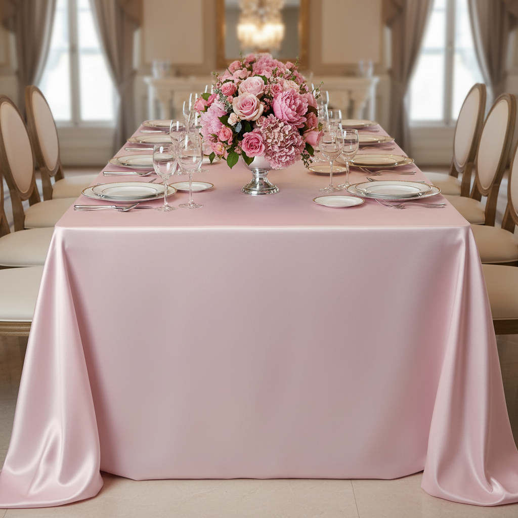 Satin Rectangular 90"x132" Tablecloth - Pastel Pink with white and gold trimmed charger plate for baby shower