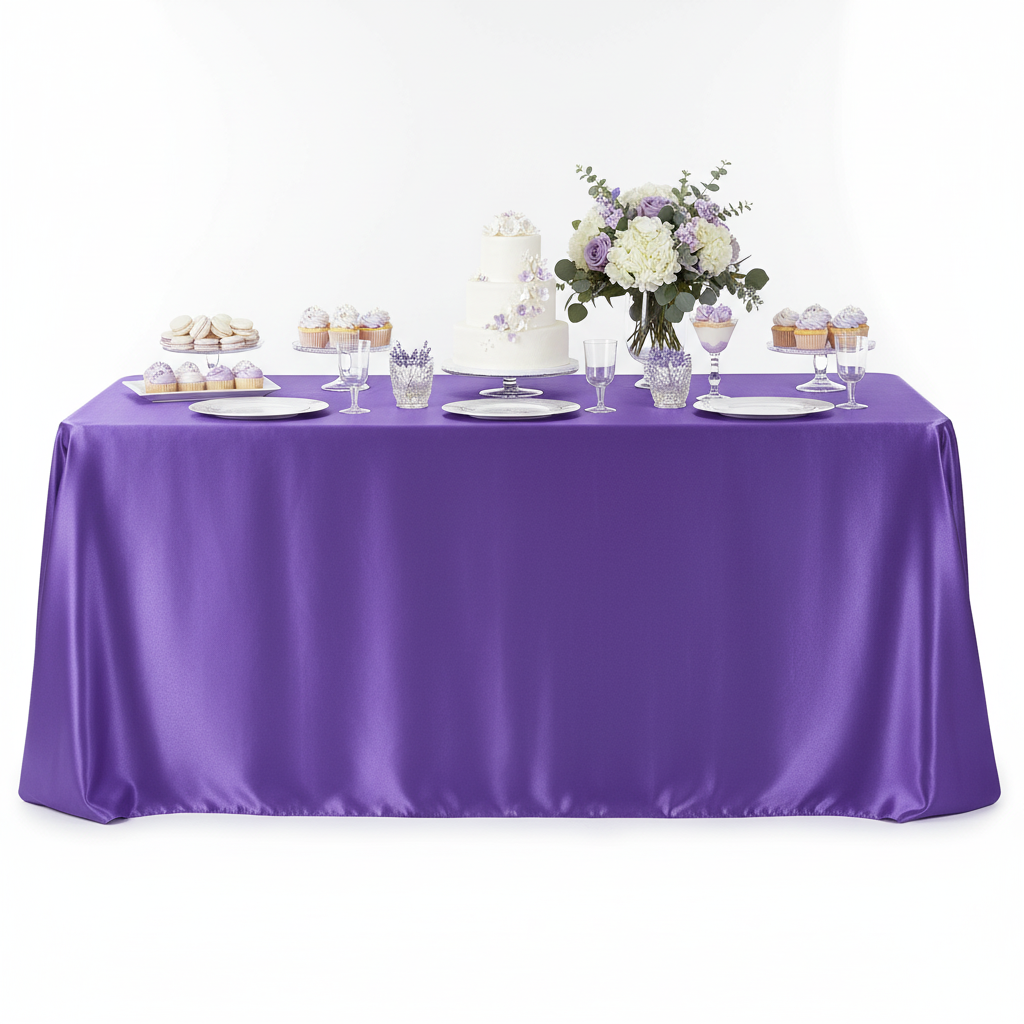 Satin-Rectangular-90x132-Tablecloth-Purple with silver charger plate | 
