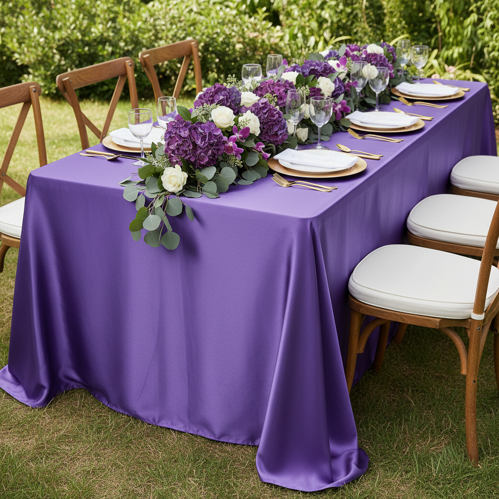 Satin-Rectangular-90x132-Tablecloth-Purple for outdoor garden party table with gold charger plate | white napkin 
