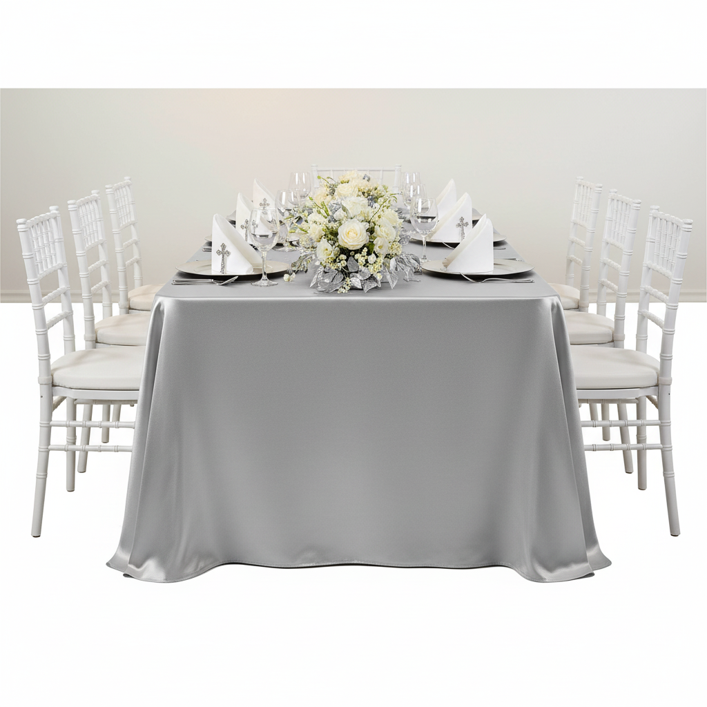 Satin Rectangular 90"x132" Tablecloth - Silver with white napkin | silver charger plate | wine goblets | white chiavari chair 