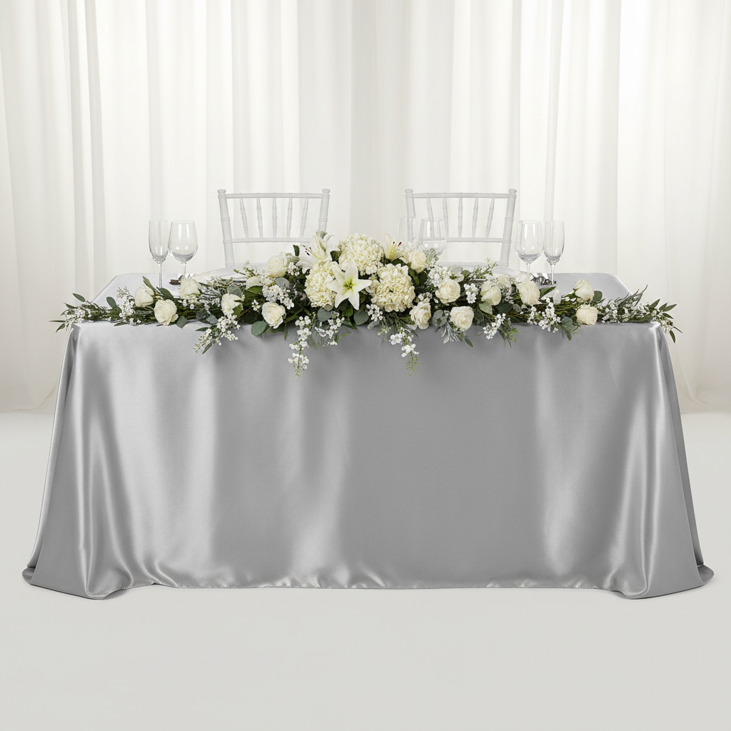Satin Rectangular 90"x132" Tablecloth - Silver for a wedding sweetheart table with flower premade runner | wine goblets | silver chiavari chair 