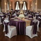 Satin Round Tablecloth Eggplant/Plum with gold glitz runner banquet chairs and eggplant/plum sashes