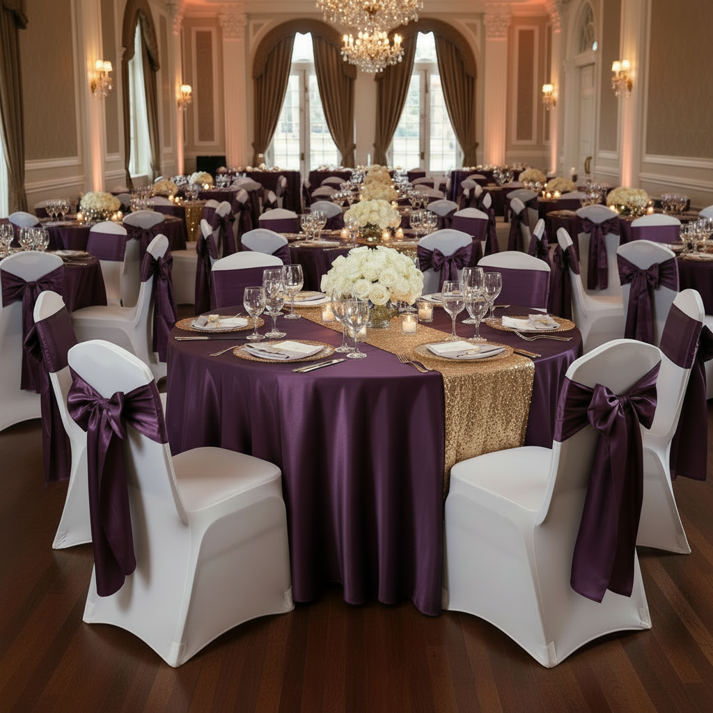 Satin Round Tablecloth Eggplant/Plum with gold glitz runner banquet chairs and eggplant/plum sashes