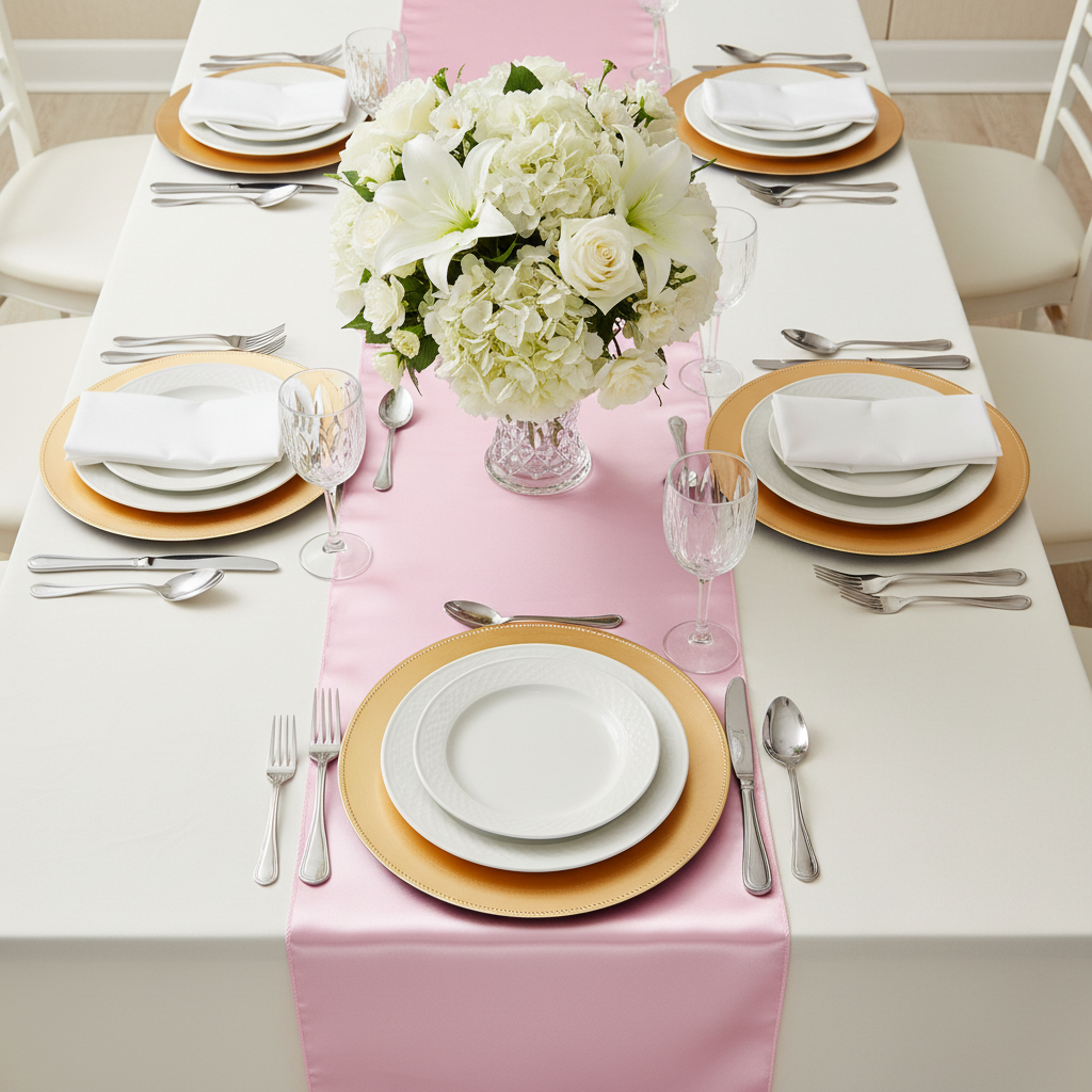 Satin Table Runner - Medium Pink | white tablecloth | gold charger plate | wine goblets