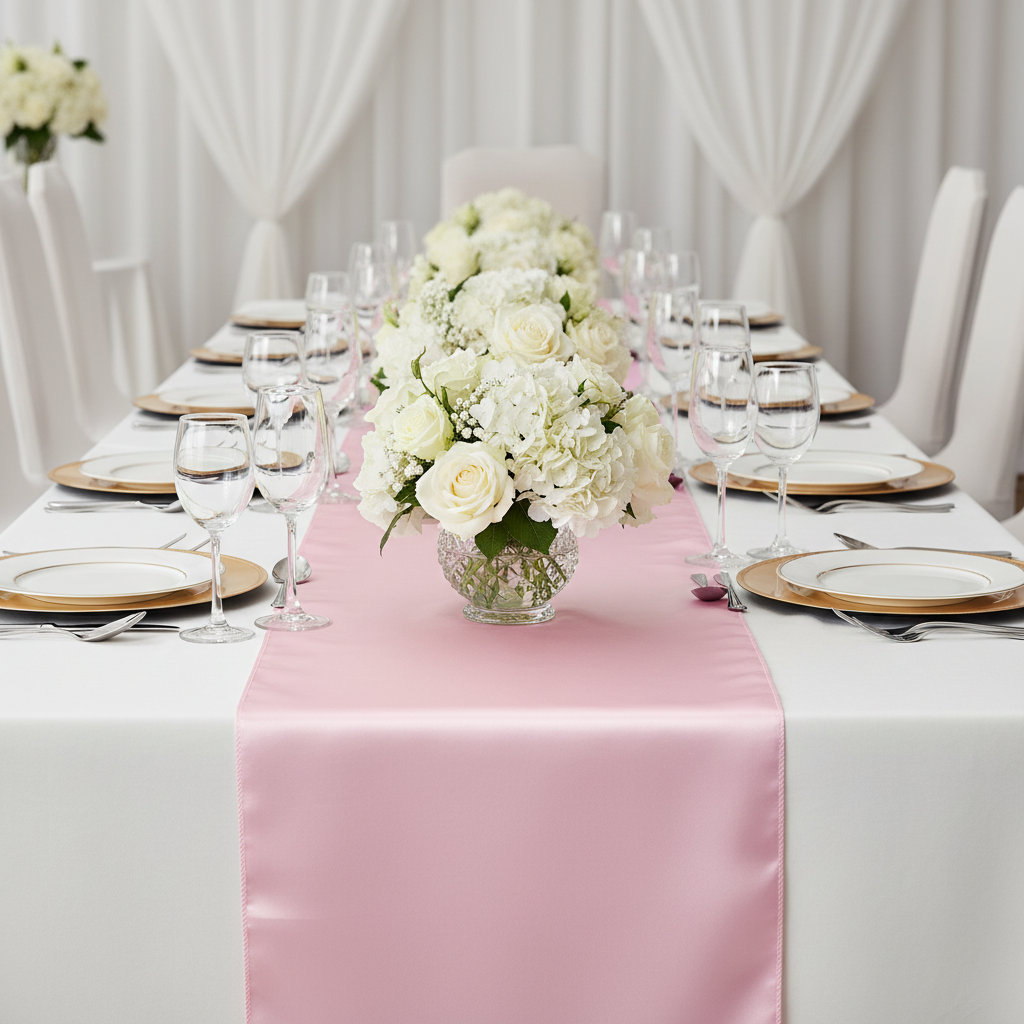 Satin Table Runner - Medium Pink | white tablecloth | gold charger plate | wine goblets