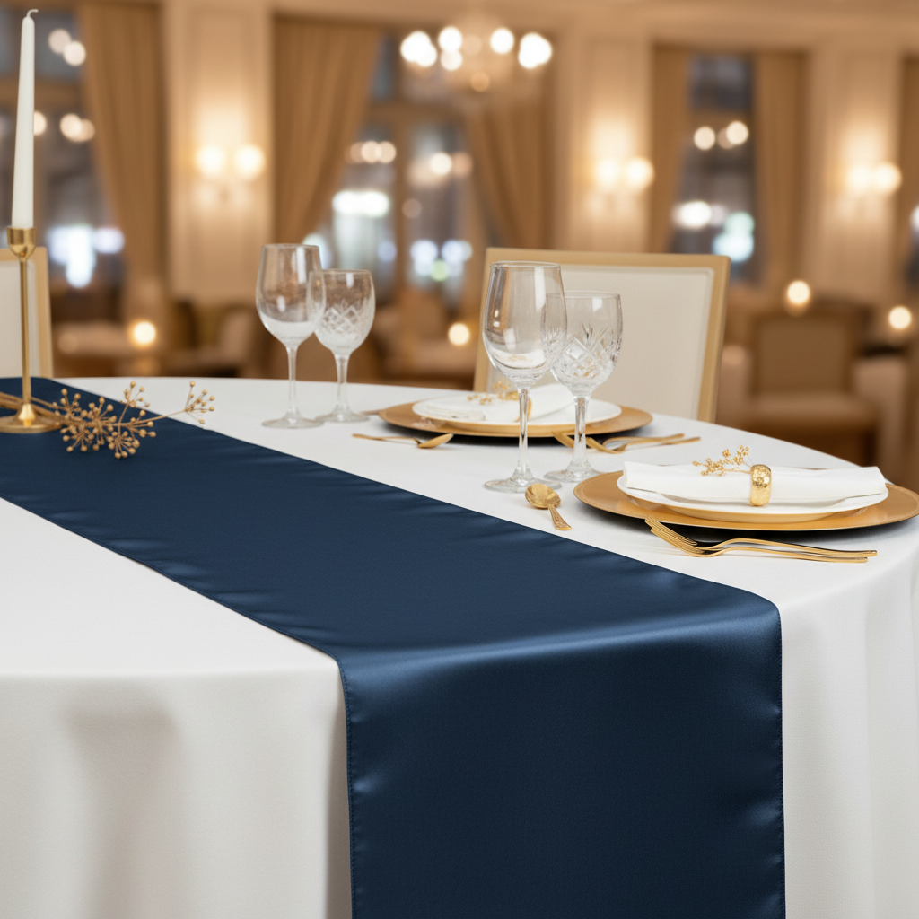 Satin Table Runner - Navy Blue close up view