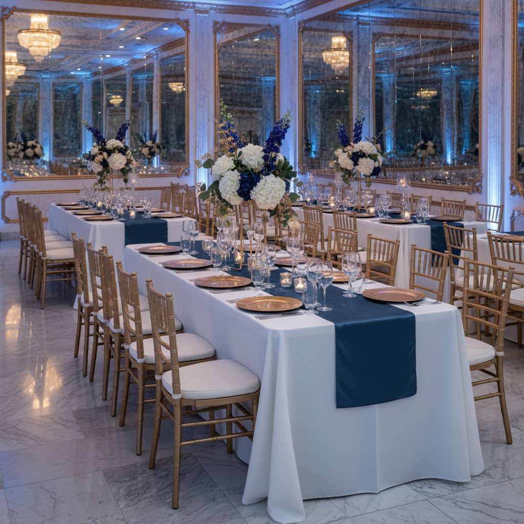 Satin Table Runner - Navy Blue on top of white tablecloth with gold charger plates and chiavari chairs