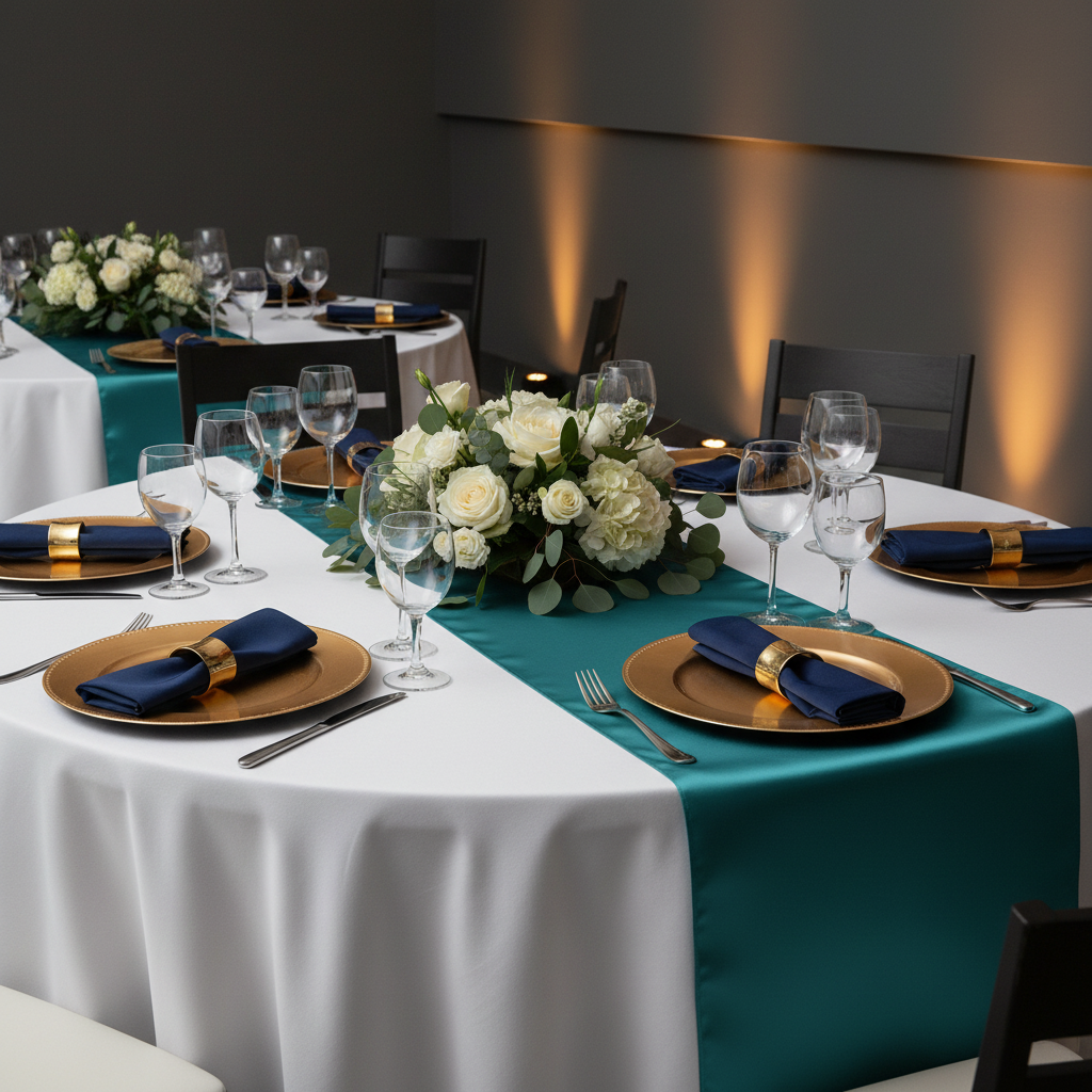 Satin Table Runner - Peacock on a round table for indoor dinner 