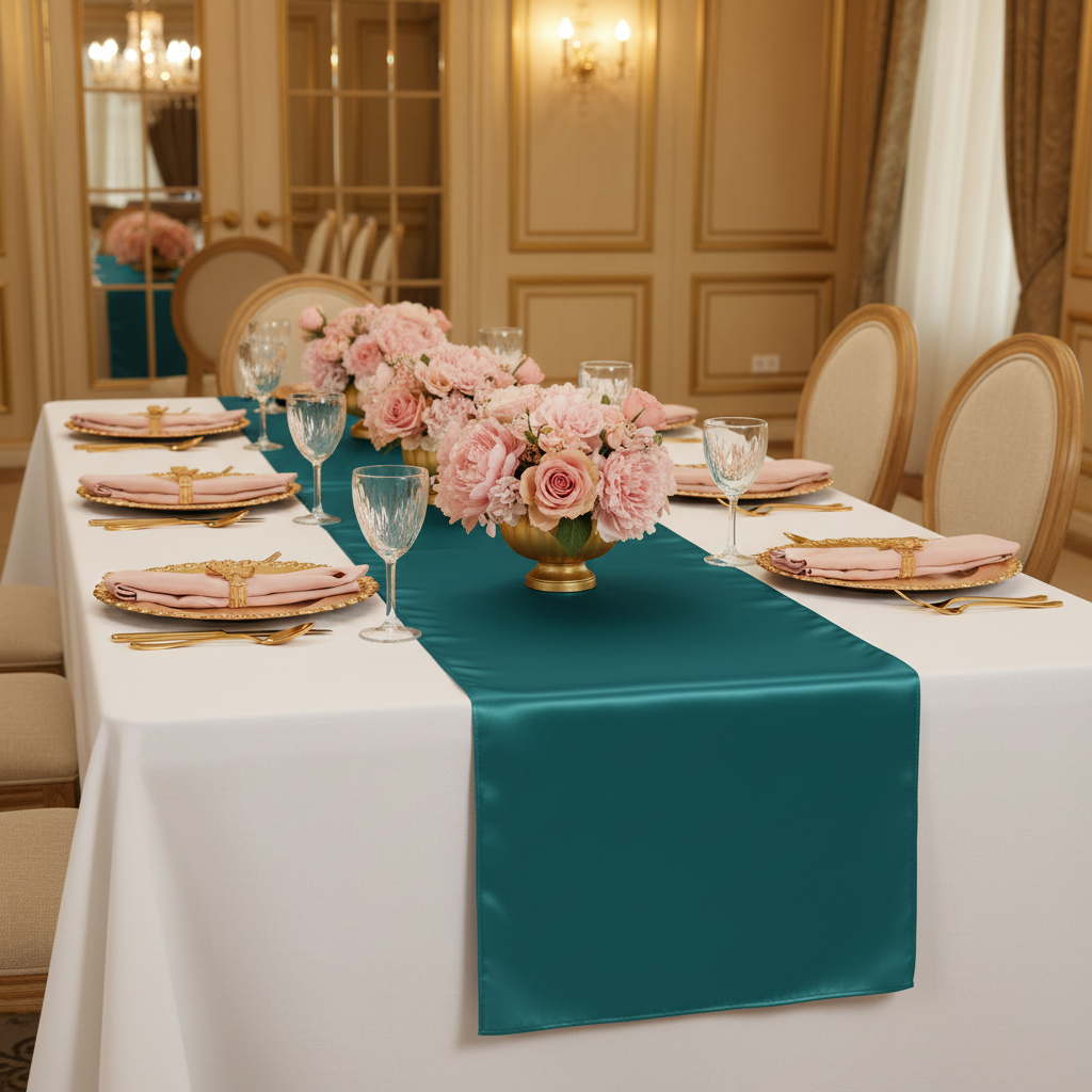 Satin Table Runner - Peacock for indoor birthday table setup