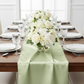 Satin Table Runner - Sage Green | wine goblets | charger plate | napkin | dinner plate |
