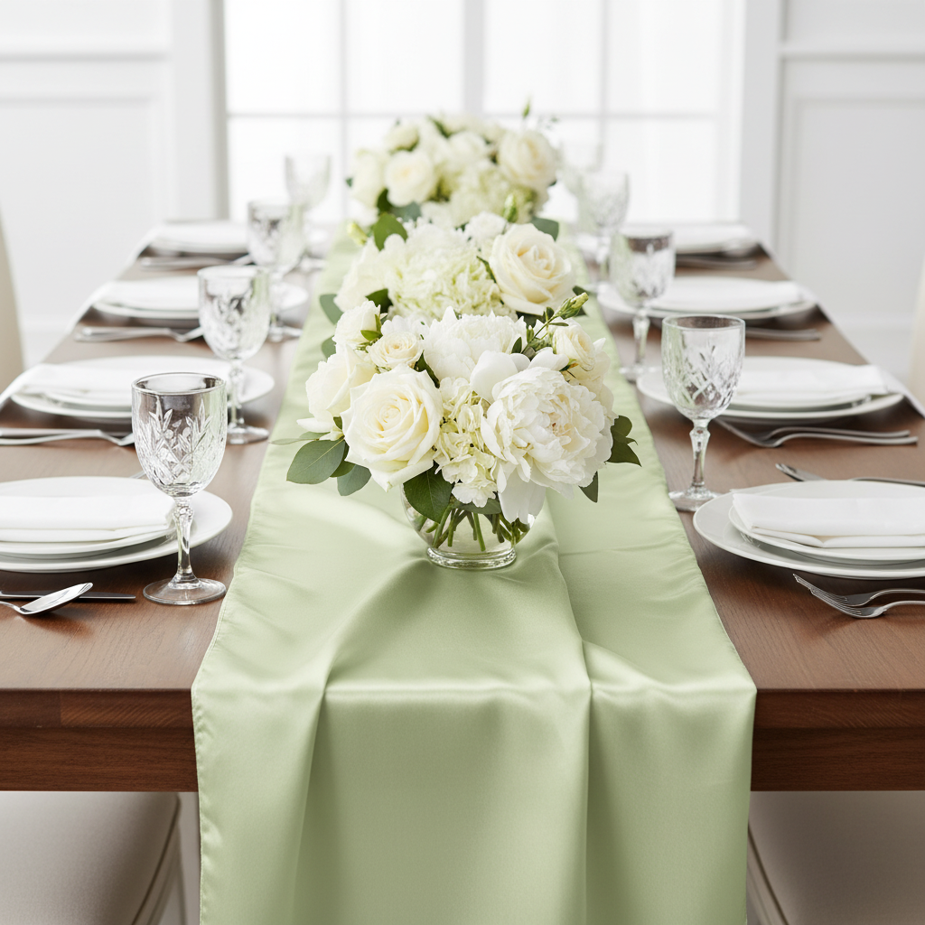 Satin Table Runner - Sage Green | wine goblets | charger plate | napkin | dinner plate |