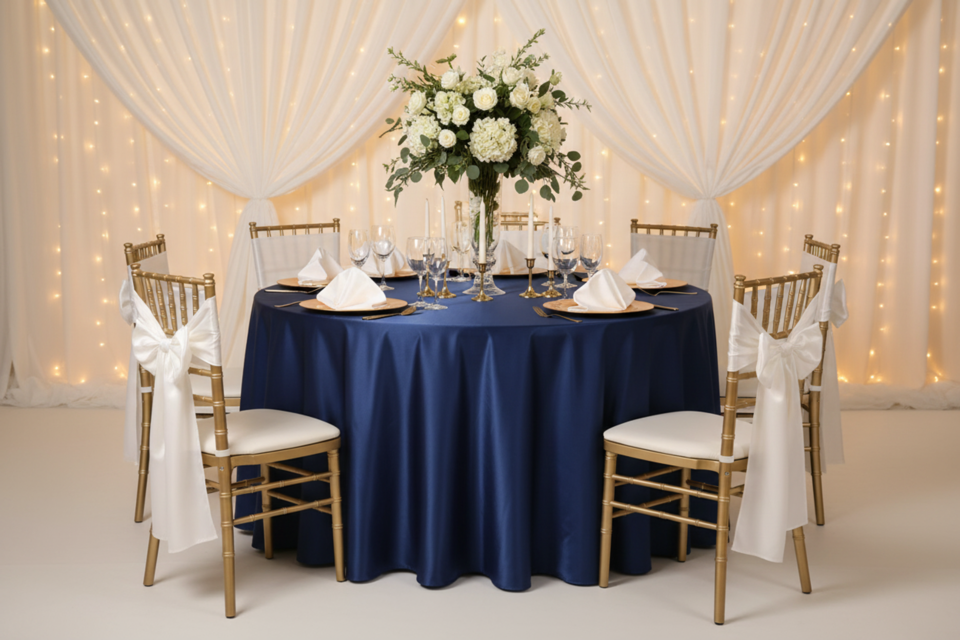 wedding reception with Satin 120" Round Tablecloth - Navy Blue
