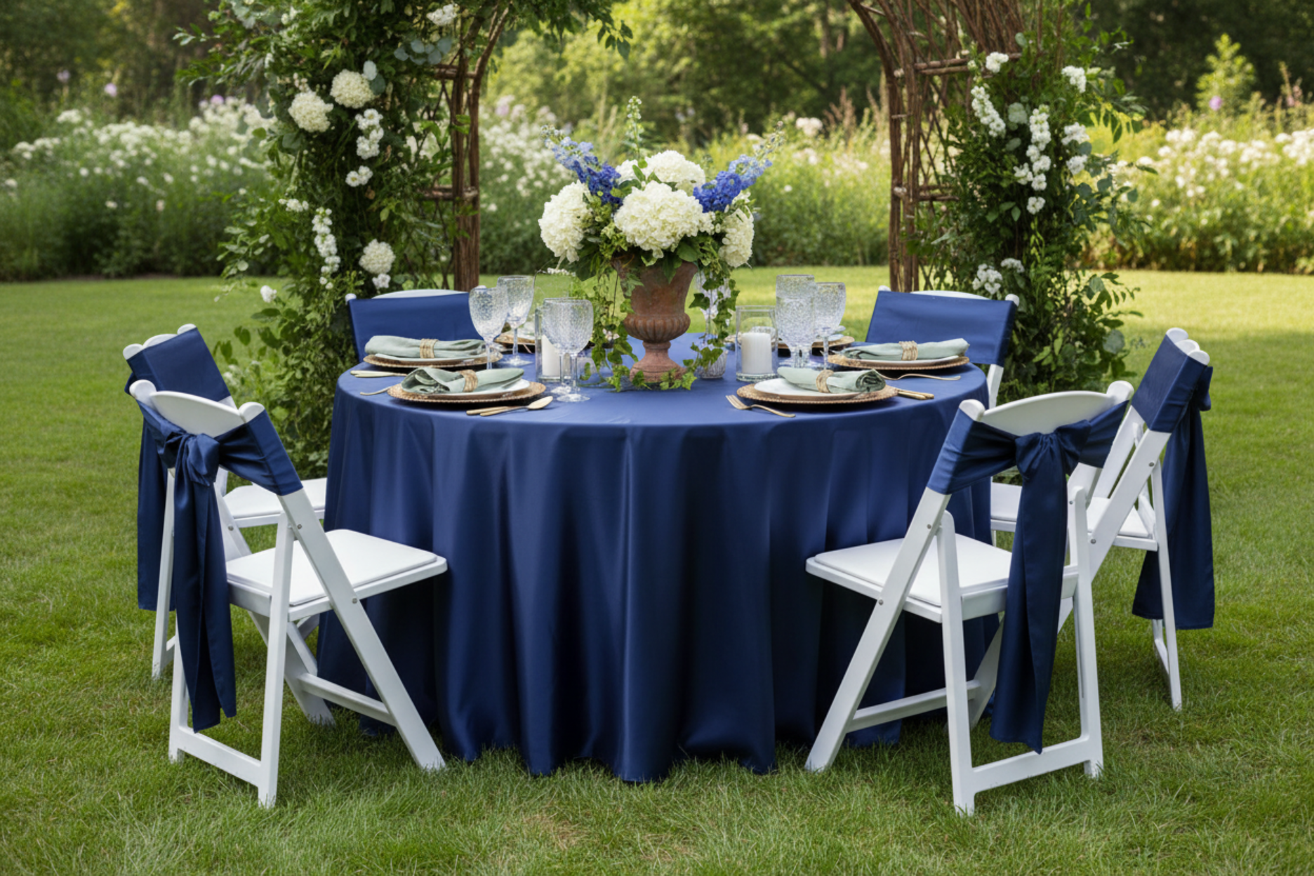 garden party with Satin 120" Round Tablecloth - Navy Blue
