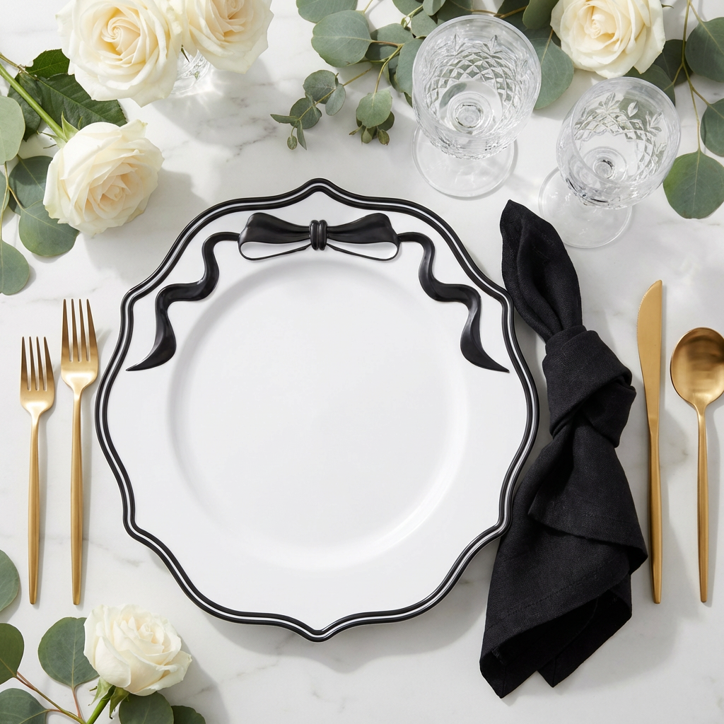 Scalloped Bow Acrylic Charger Plate Black setting with a black napkin, gold utensils, and white roses