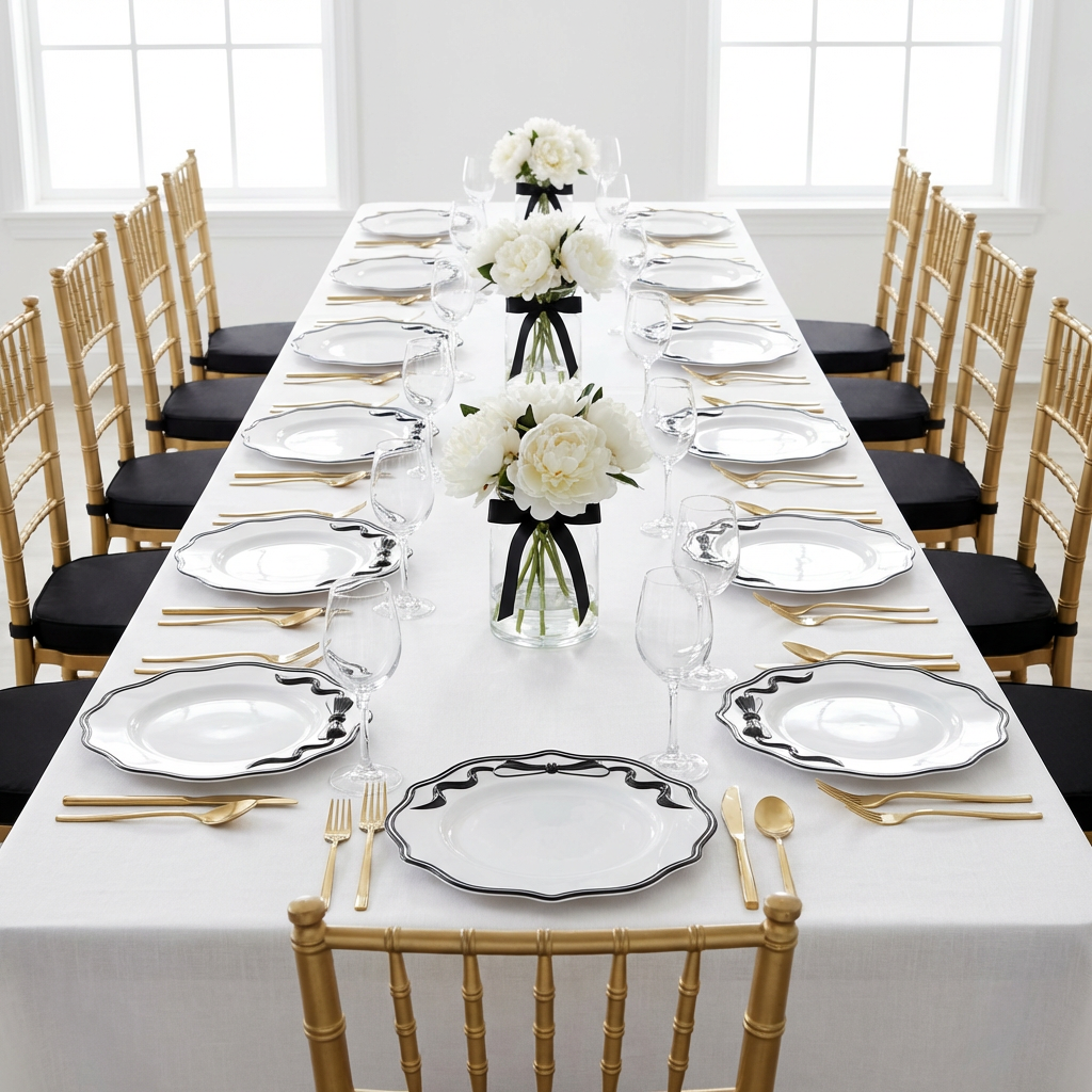 Scalloped Bow Acrylic Charger Plate Black on top of a white tablecloth with water glasses, gold chiavari chairs, and floral centerpieces