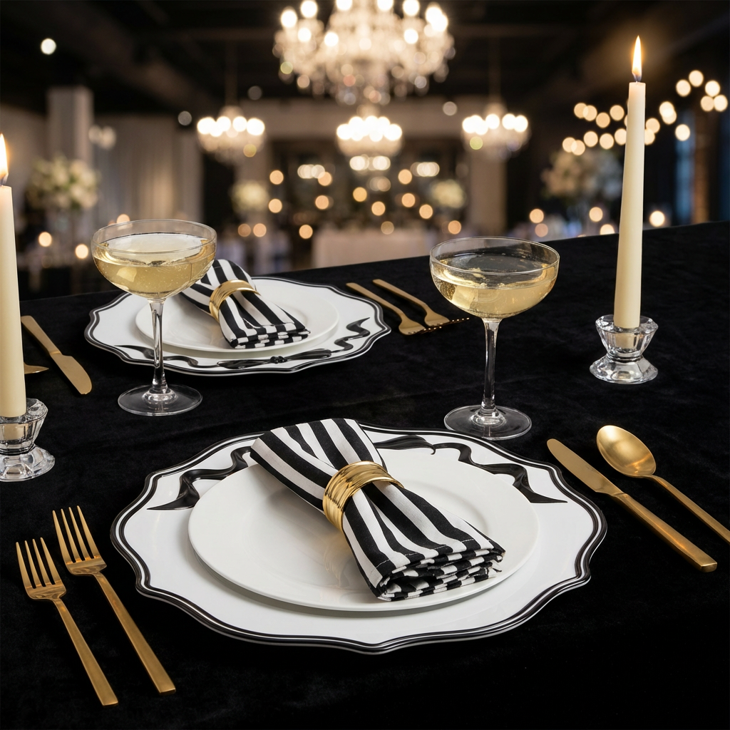 Scalloped Bow Acrylic Charger Plate Black on top a black tablecloth with striped napkins with a gold napkin ring, gold utensils and champagne glasses