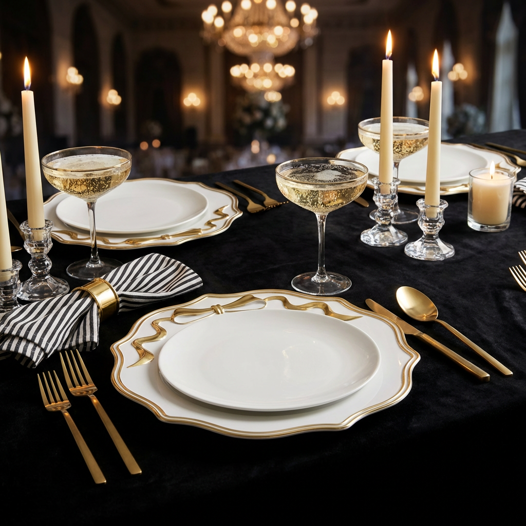 Scalloped Bow Acrylic Charger Plate Gold on top a black tablecloth with striped napkins with a gold napkin ring, gold utensils and champagne glasses