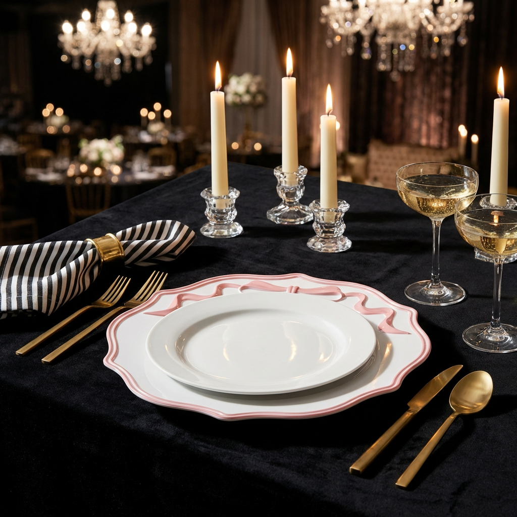 Scalloped Bow Acrylic Charger Plate Pink on top a black tablecloth with striped napkins with a gold napkin ring, gold utensils and champagne glasses