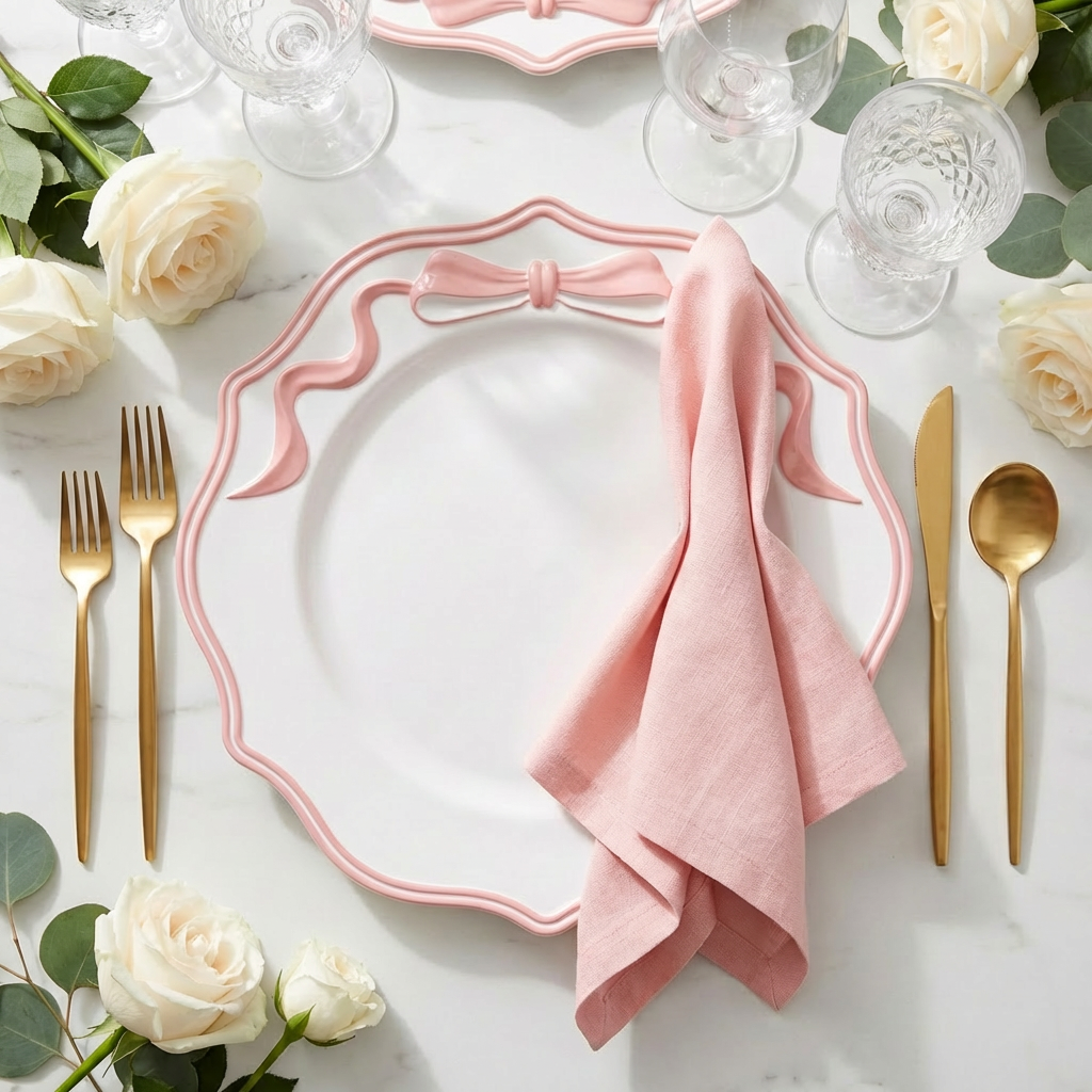Scalloped Bow Acrylic Charger Plate Pink with a pink napkin and roses