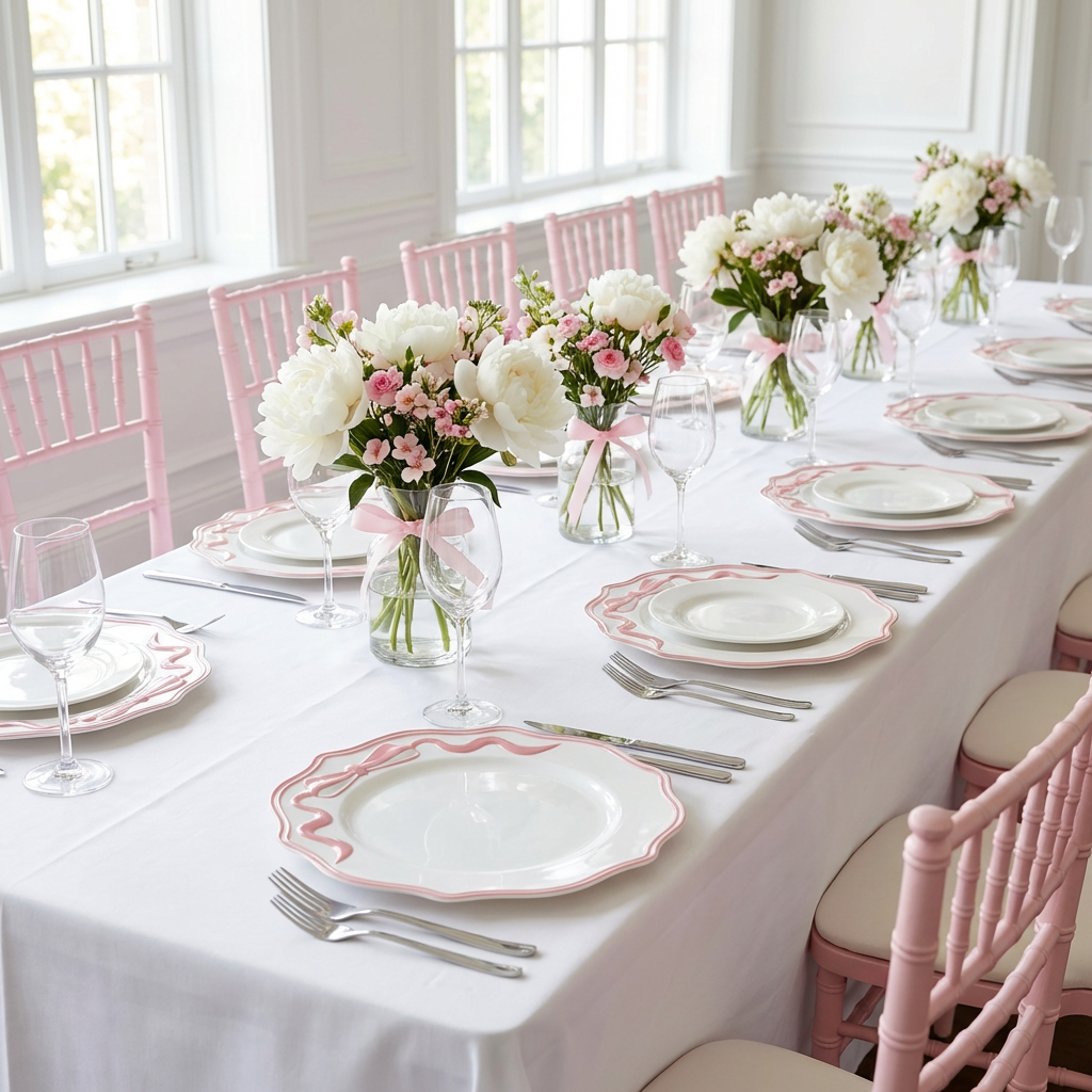 Scalloped Bow Acrylic Charger Plate Pink on top a white tablecloth, with silver silverware, floral centerpieces and pink chiavari chairs