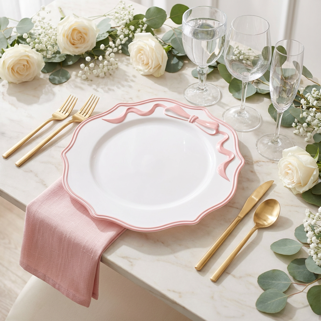 Scalloped Bow Acrylic Charger Plate Pink with a pink napkin, silver dollar eucalyptus greenery runner, white roses and gold utensils