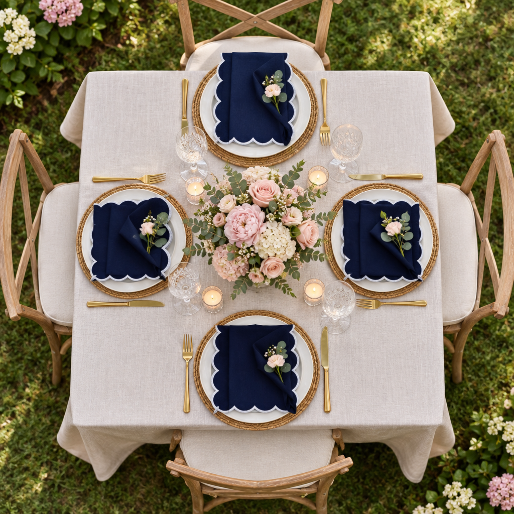 Bridal shower with pocket-folded navy scalloped napkin