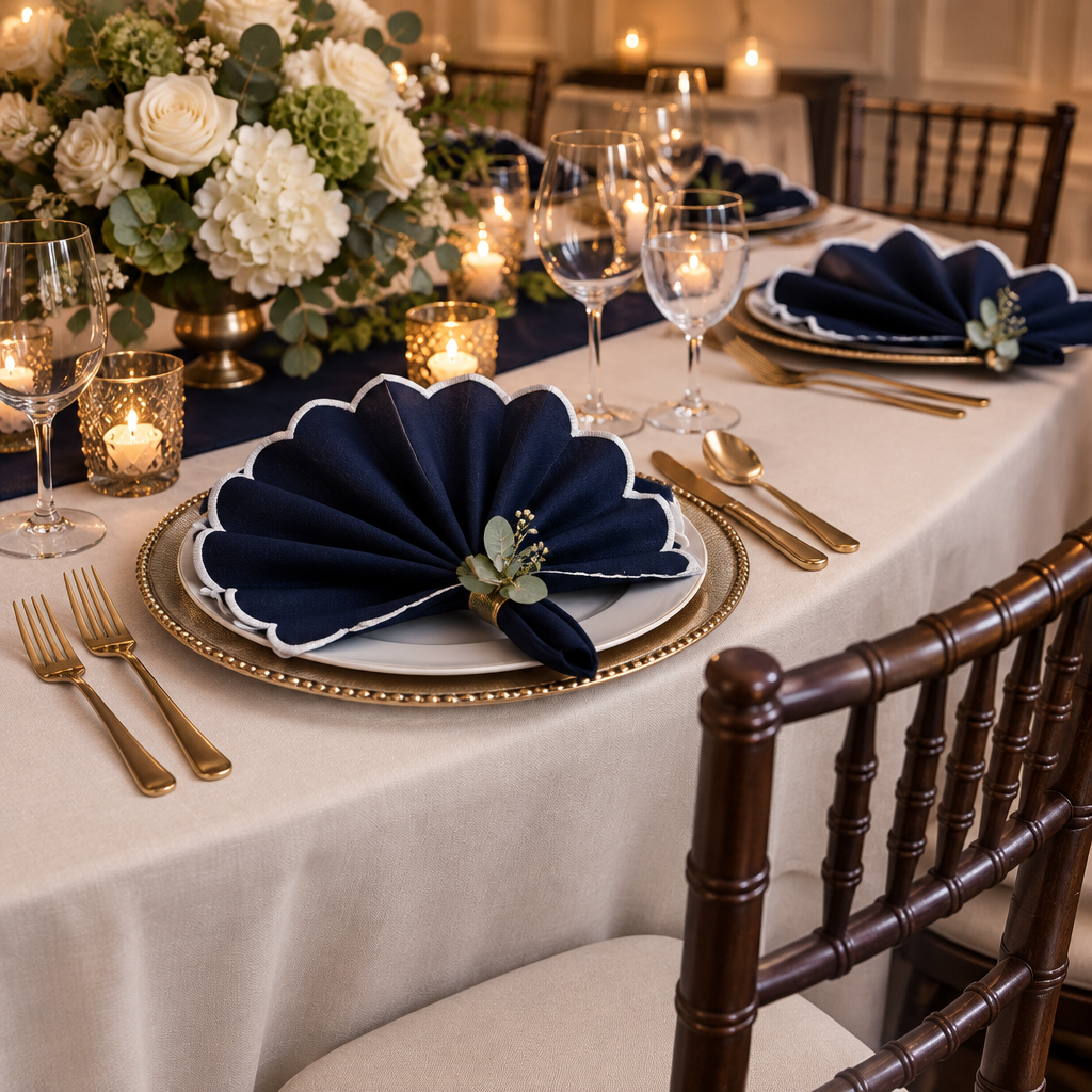 Gala dinner with fan-folded navy scalloped napkin