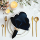 4 pc/pk Scalloped Edge Linen Napkin Navy Blue/White Trim with napkin ring, charger plate, and candles