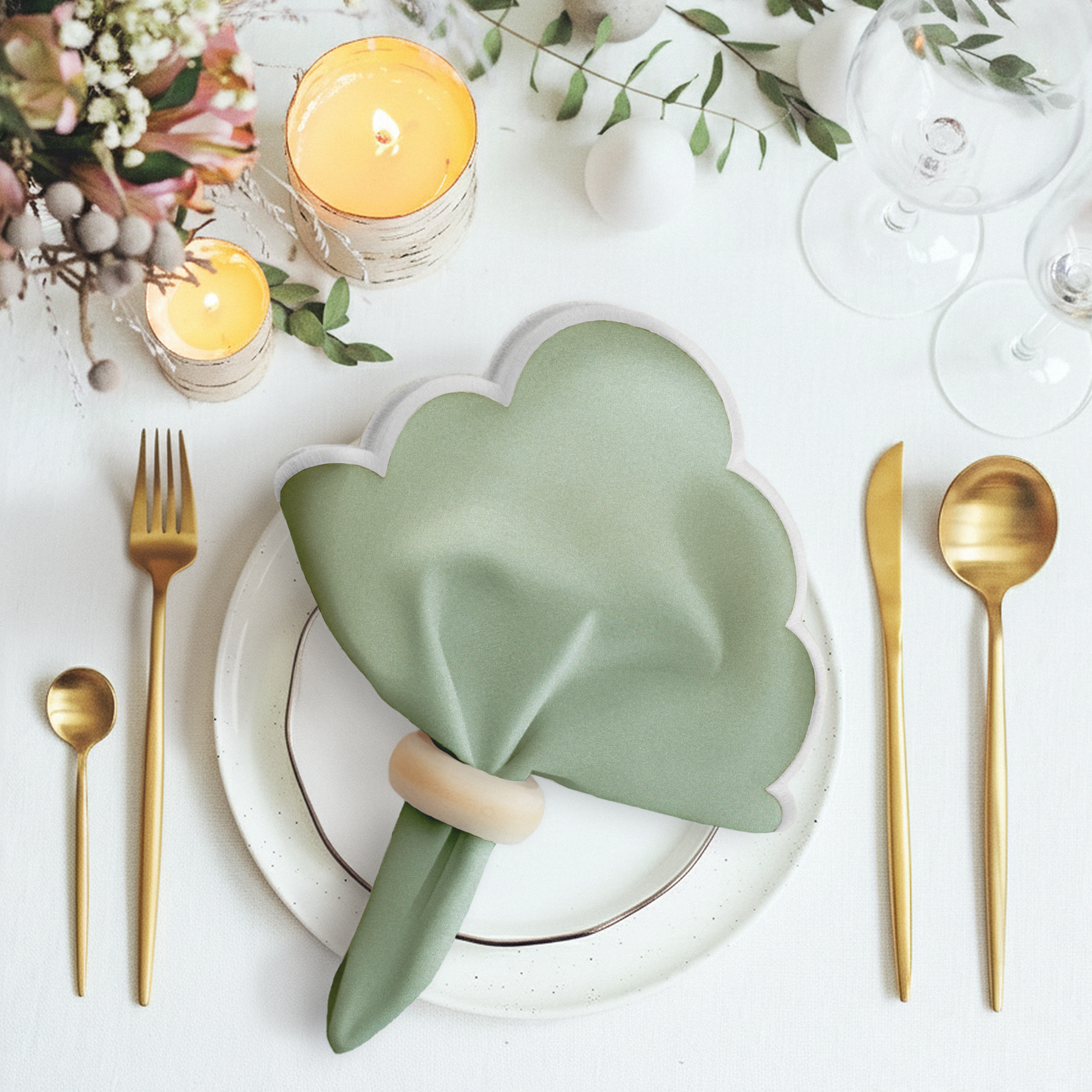 4 pc/pk Scalloped Edge Linen Napkin Sage Green/White Trim with napkin ring, charger plate, and candles